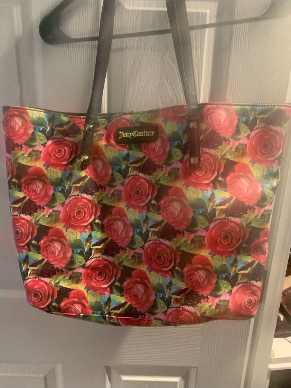 Juicy Couture Pink Red Rose Print Tote with Black Handles